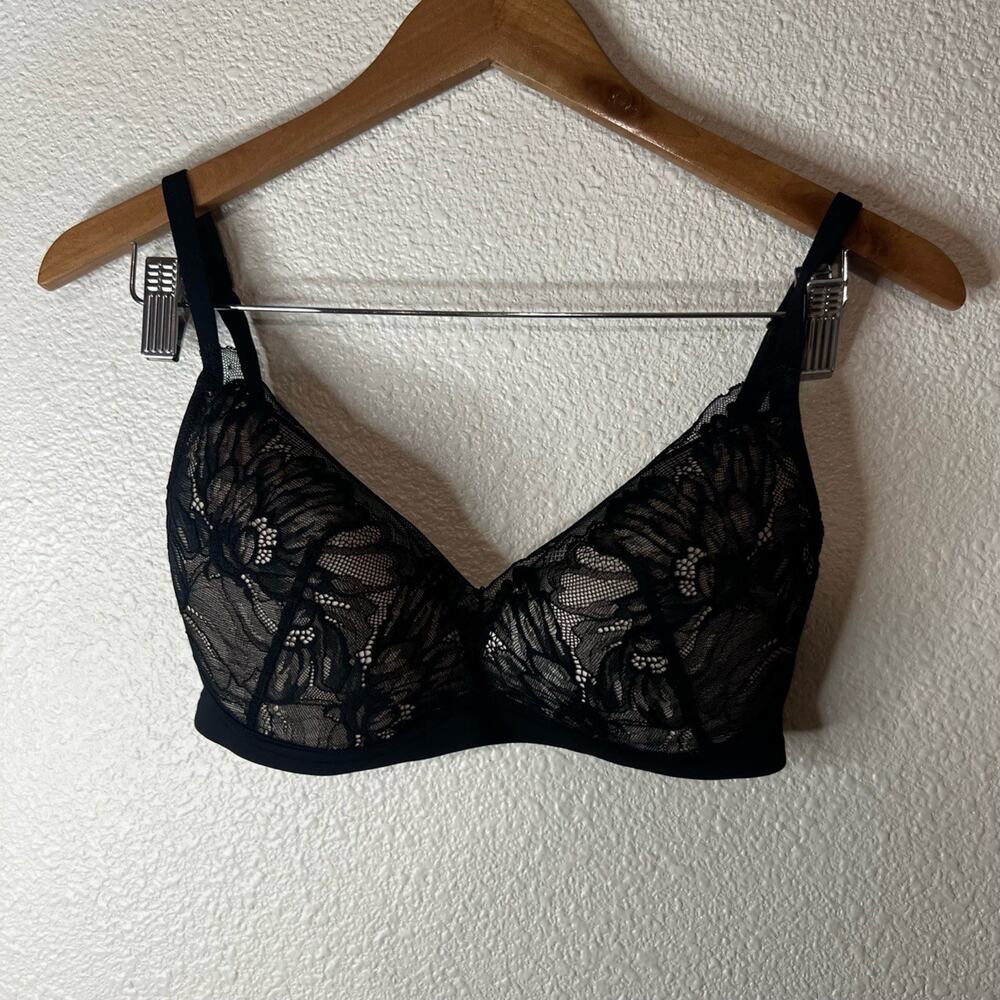 Soma Black Beige Lace Lightly Lined Wireless Bra Adjustable Straps Mesh 32DD